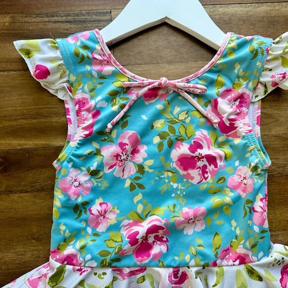SweetHoney Sleeveless Skirted Leotard Swirly Aqua Blue Pink Cream Green Floral 6 - Picture 3 of 6